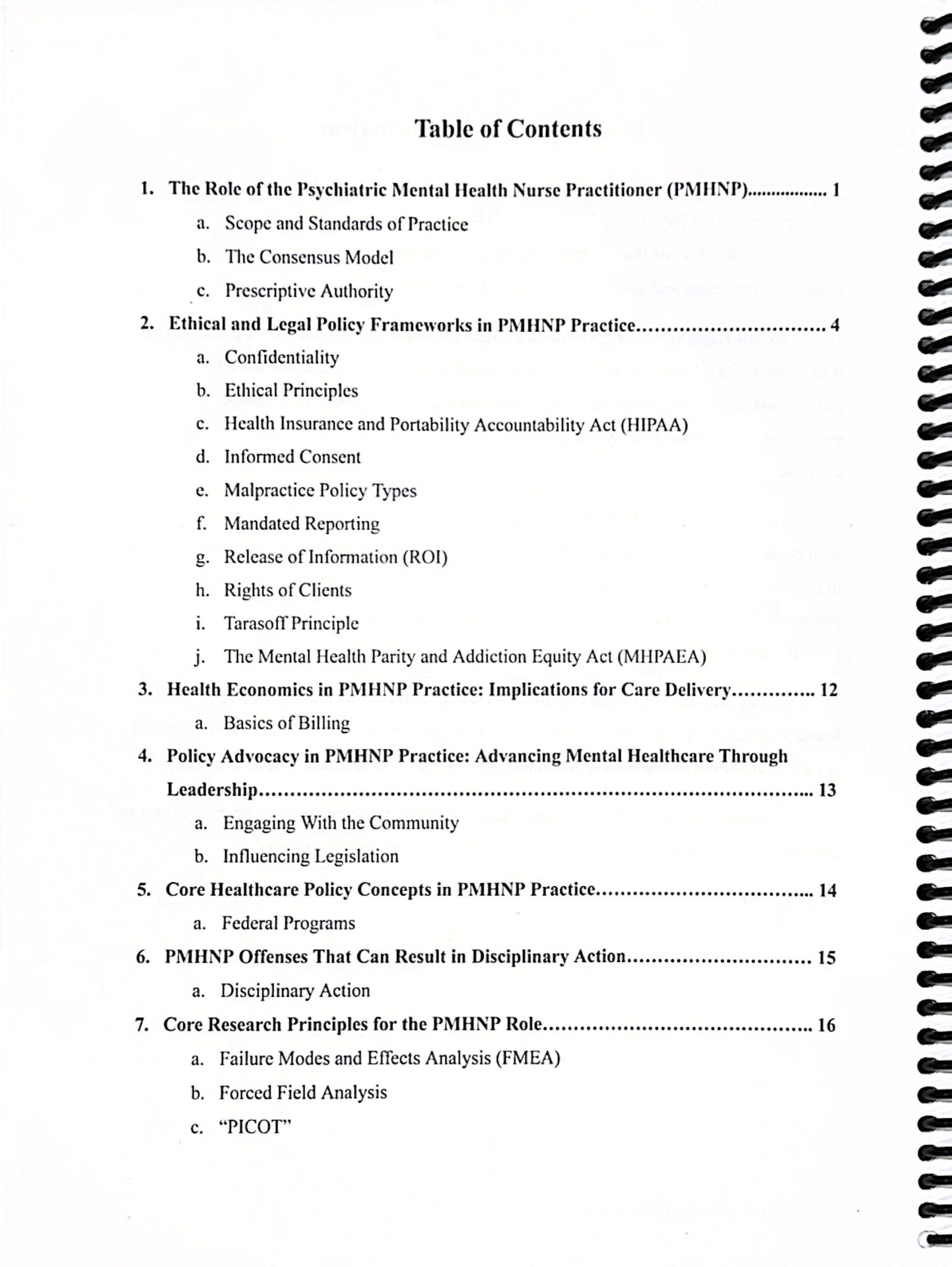 Sample page from Psych Mike's PMHNP review — Table of contents